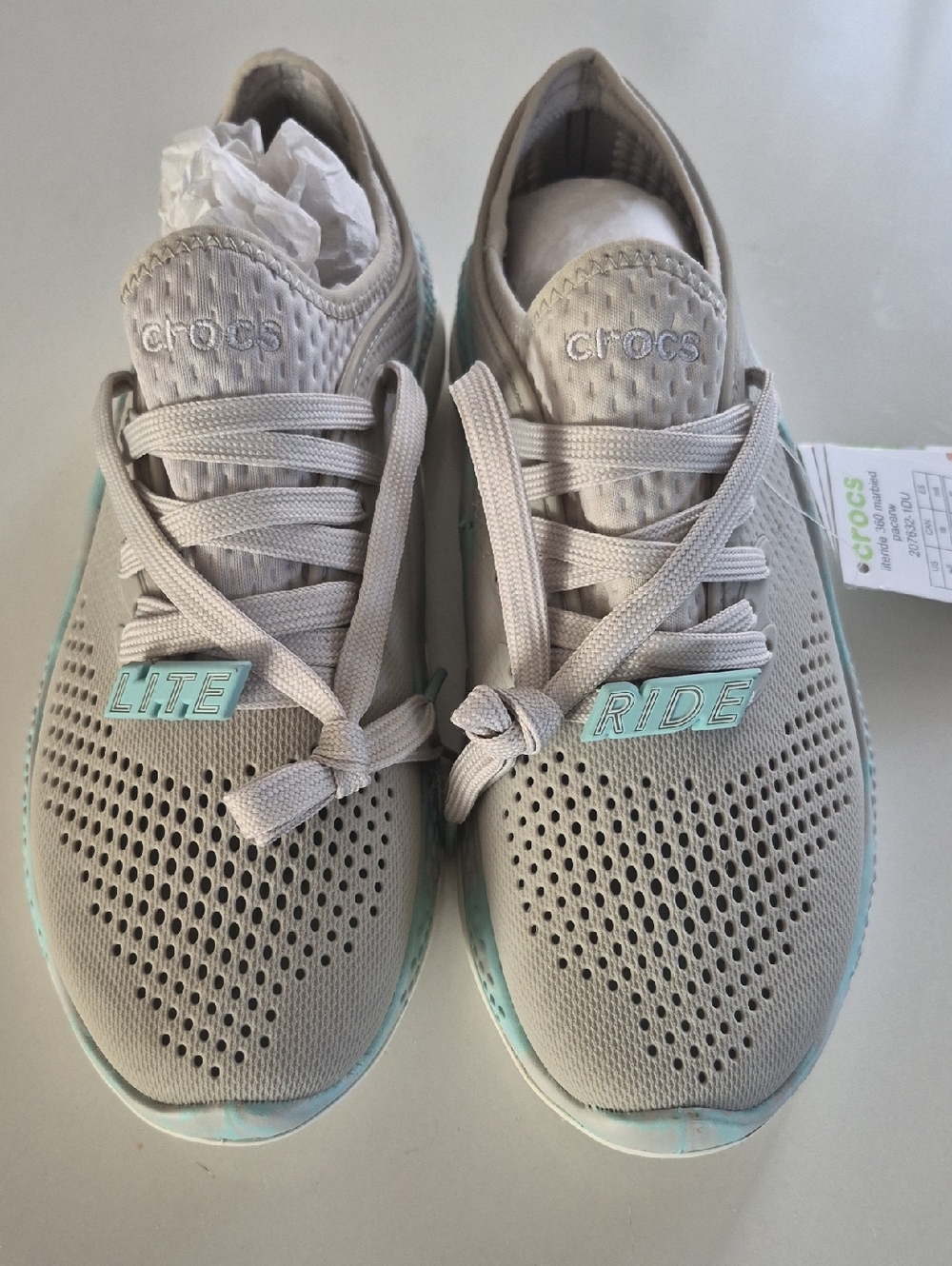 CROCS LiteRide Knit Sneakers in Light Gray with Mint Trim